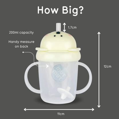 A baby sippy cup with a lid and side handles shown on a dark gray background with measurement arrows and text labels indicating 12 cm height, 11 cm width, 1.7 cm straw opening, 200 ml capacity, and a handy measure on the back.