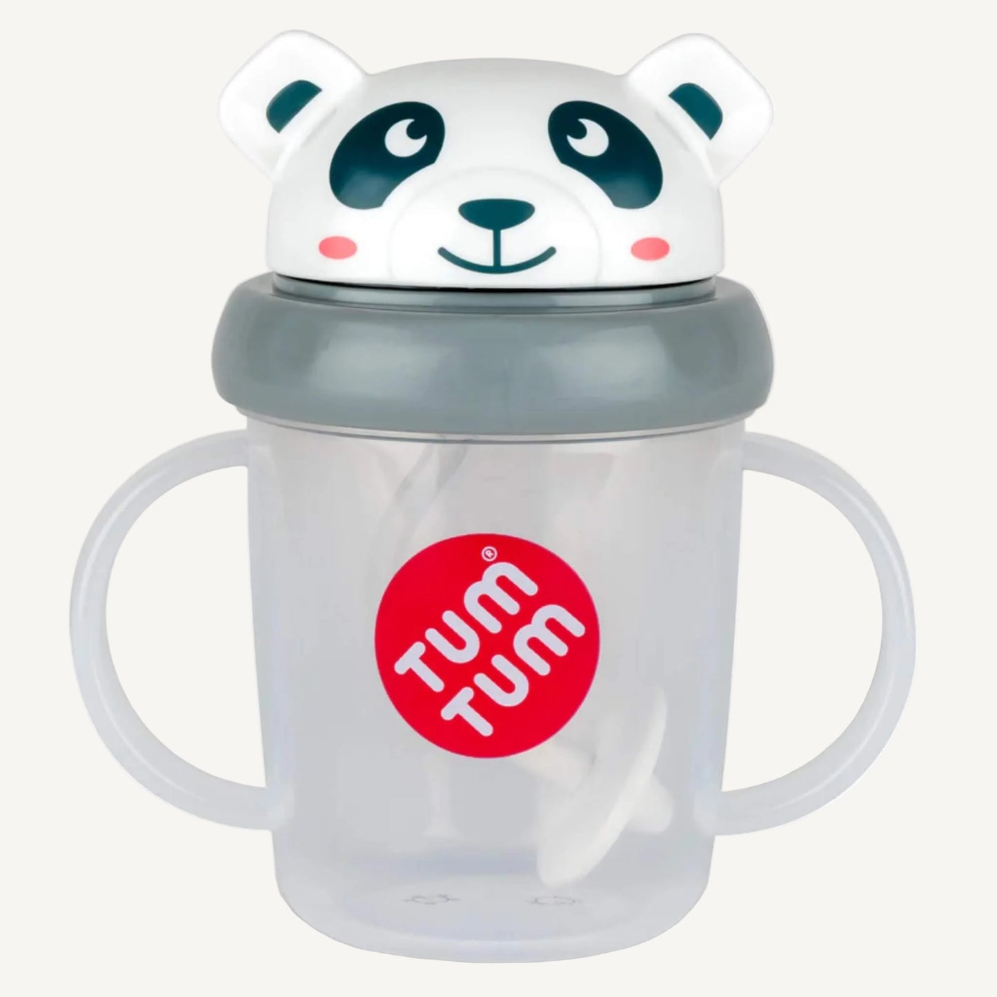 A clear handled sippy cup with a teal flip-top lid, bear character design, and internal weighted straw.