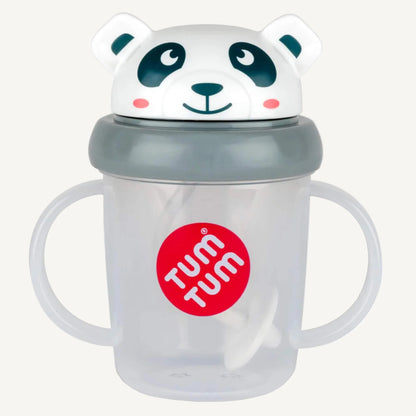 A clear handled sippy cup with a teal flip-top lid, bear character design, and internal weighted straw.