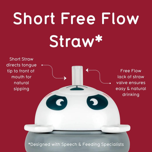 Close-up graphic of a panda character cup lid with a short straw, explaining that the short, valve-free straw supports natural sipping
