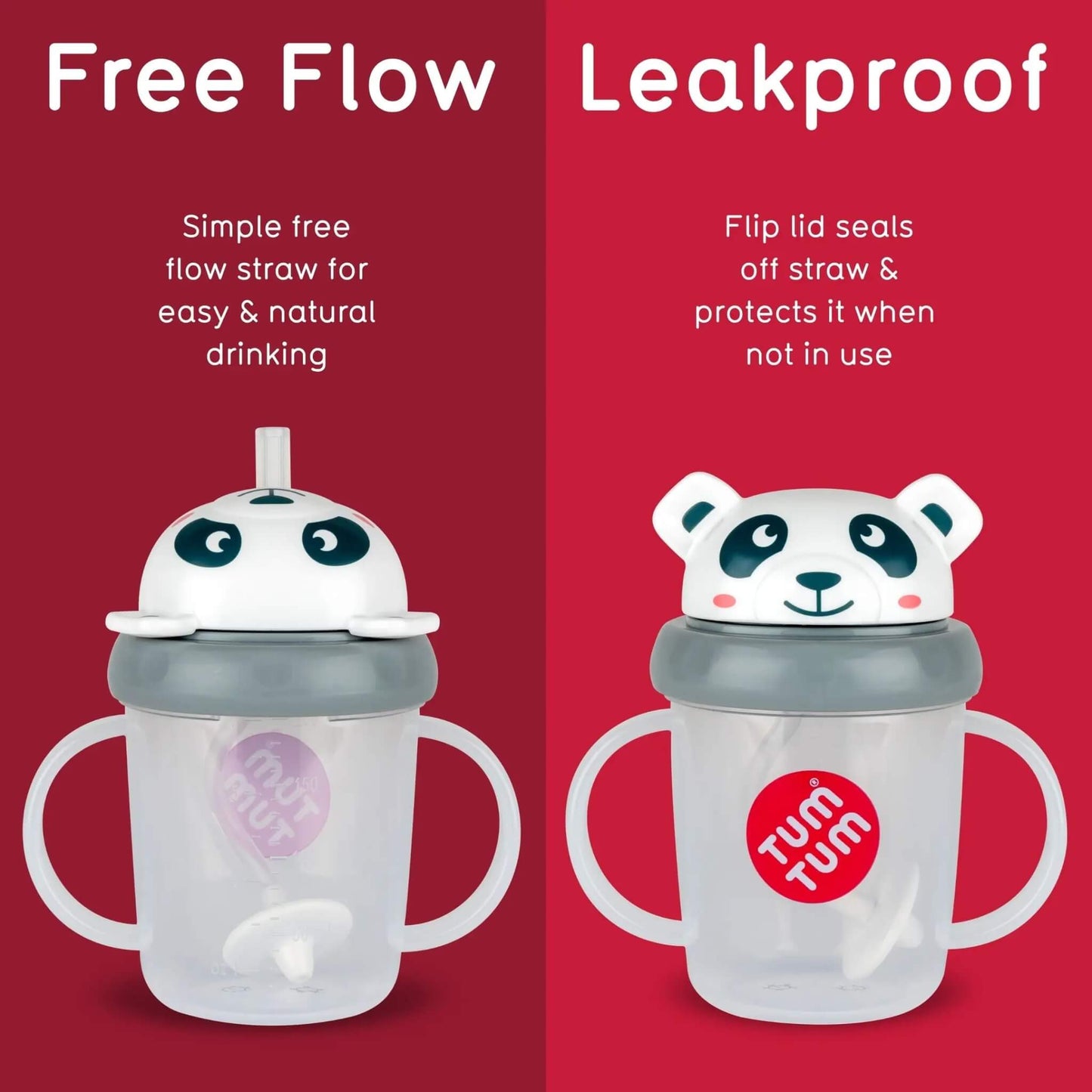 Two handled baby cups on a red split background, labelled 'Free Flow' and 'Leakproof.' The left cup has a white lid with a clear straw and grey rim; the right cup has a panda-face lid that seals off the straw when not in use.