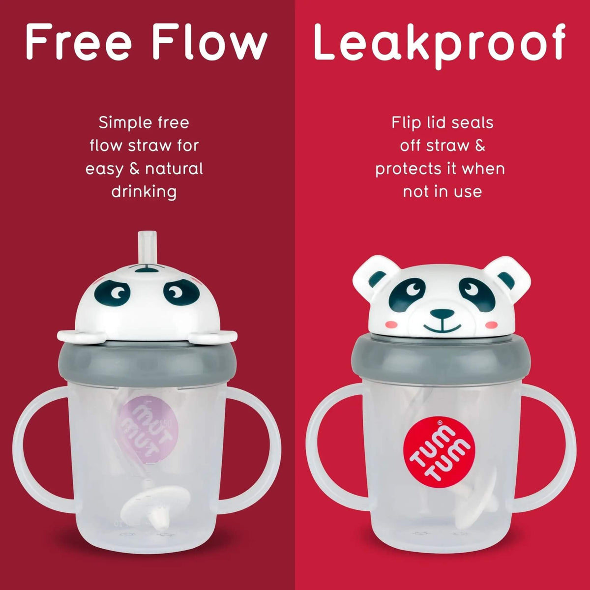 Two handled baby cups on a red split background, labelled 'Free Flow' and 'Leakproof.' The left cup has a white lid with a clear straw and grey rim; the right cup has a panda-face lid that seals off the straw when not in use.