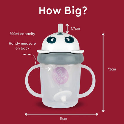 A sippy cup with handles and a lid, shown on a dark red background with measurement labels and arrows indicating dimensions: 12 cm tall, 11 cm wide, and 1.7 cm straw opening.