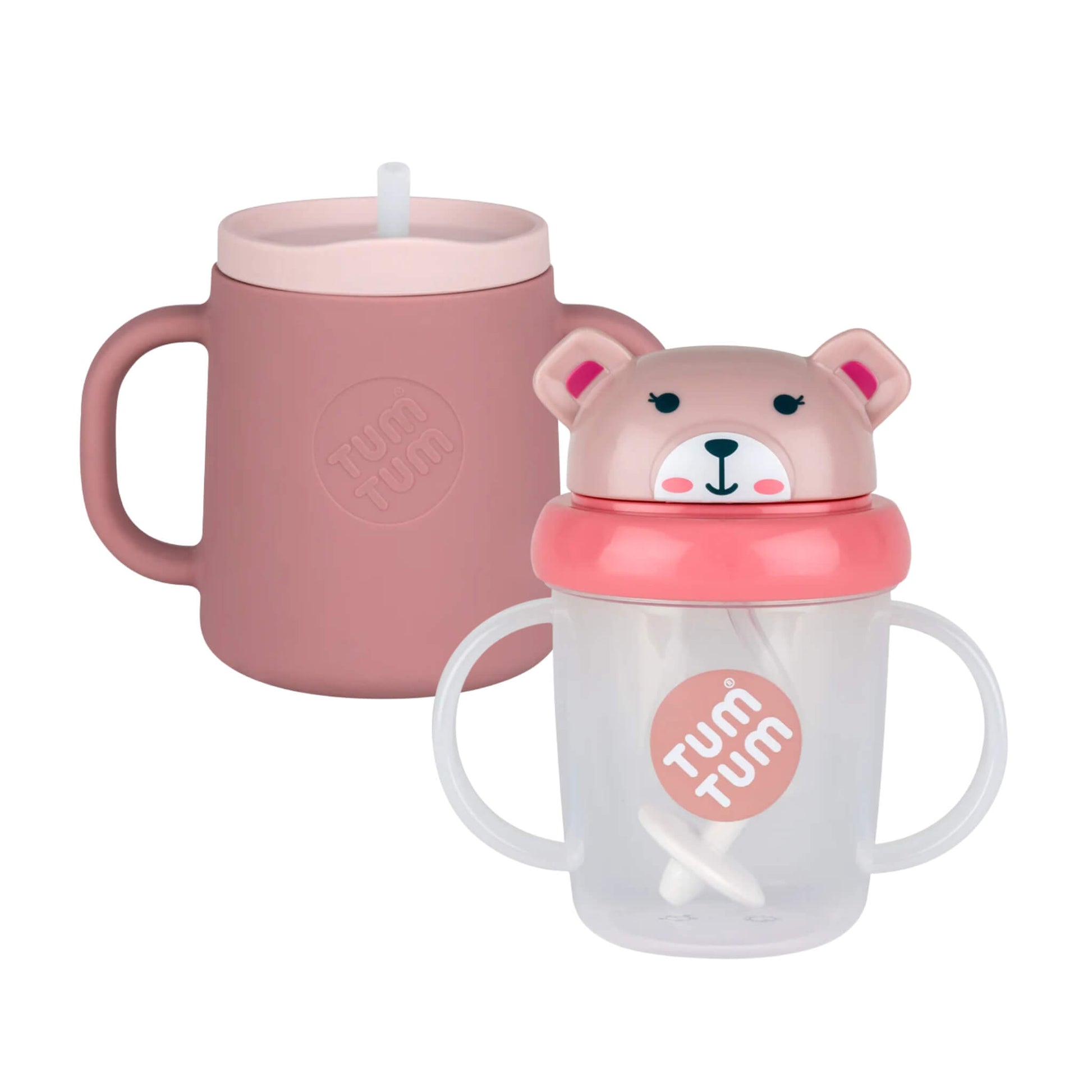 Tum Tum Tippy Up Cup and Trainer Cup bundle in the Betsy Bear design, showing a pink silicone trainer cup alongside a clear sippy cup with a bear lid and side handles.