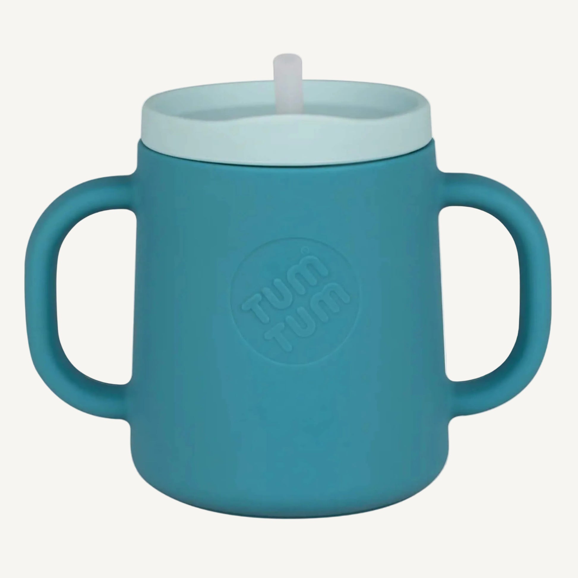 A blue silicone trainer cup with two handles and a straw lid, shown from the front to highlight the cup shape and grip.