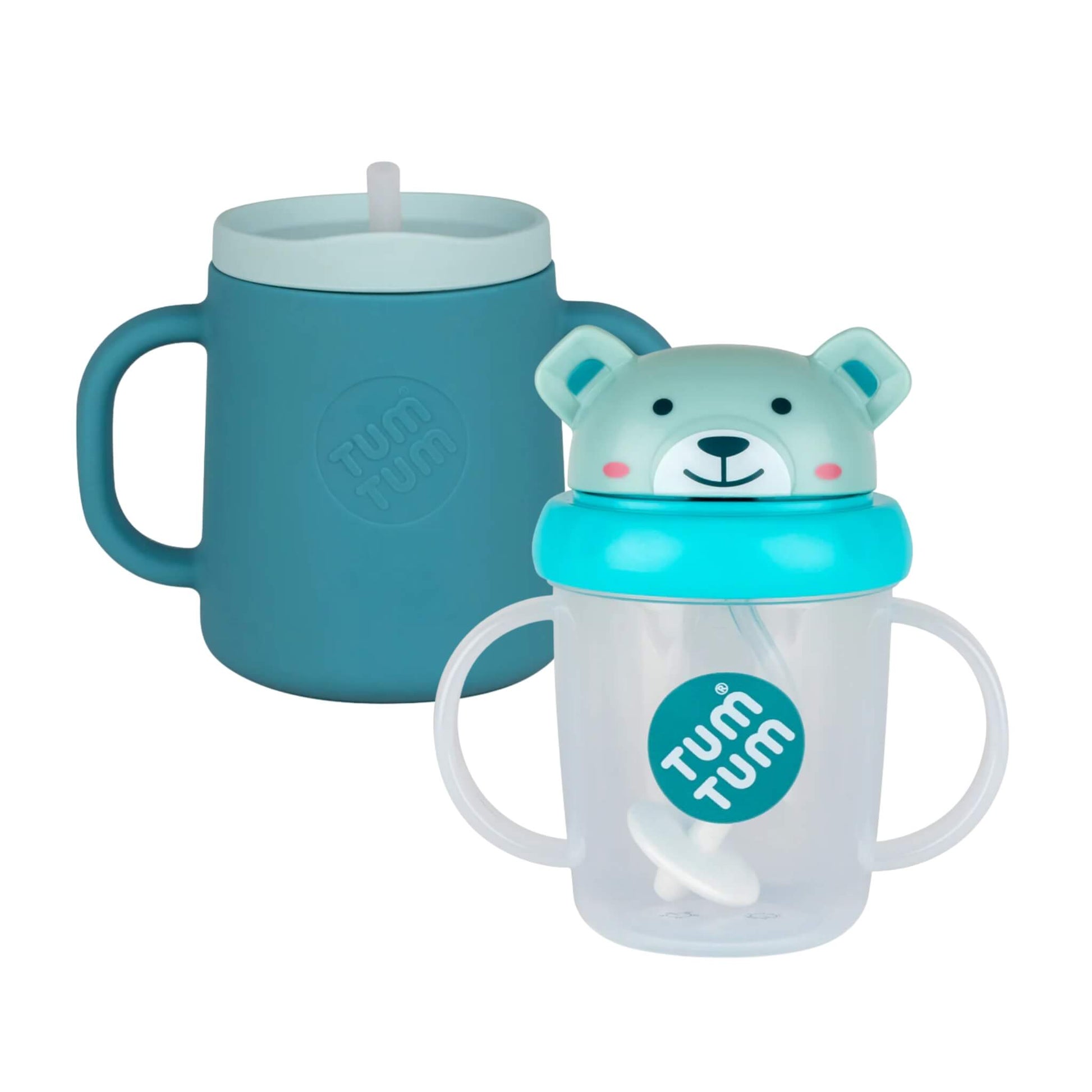Tum Tum Tippy Up Cup and Trainer Cup bundle in the Boris Bear design, showing a blue silicone trainer cup alongside a clear sippy cup with a bear lid and side handles.