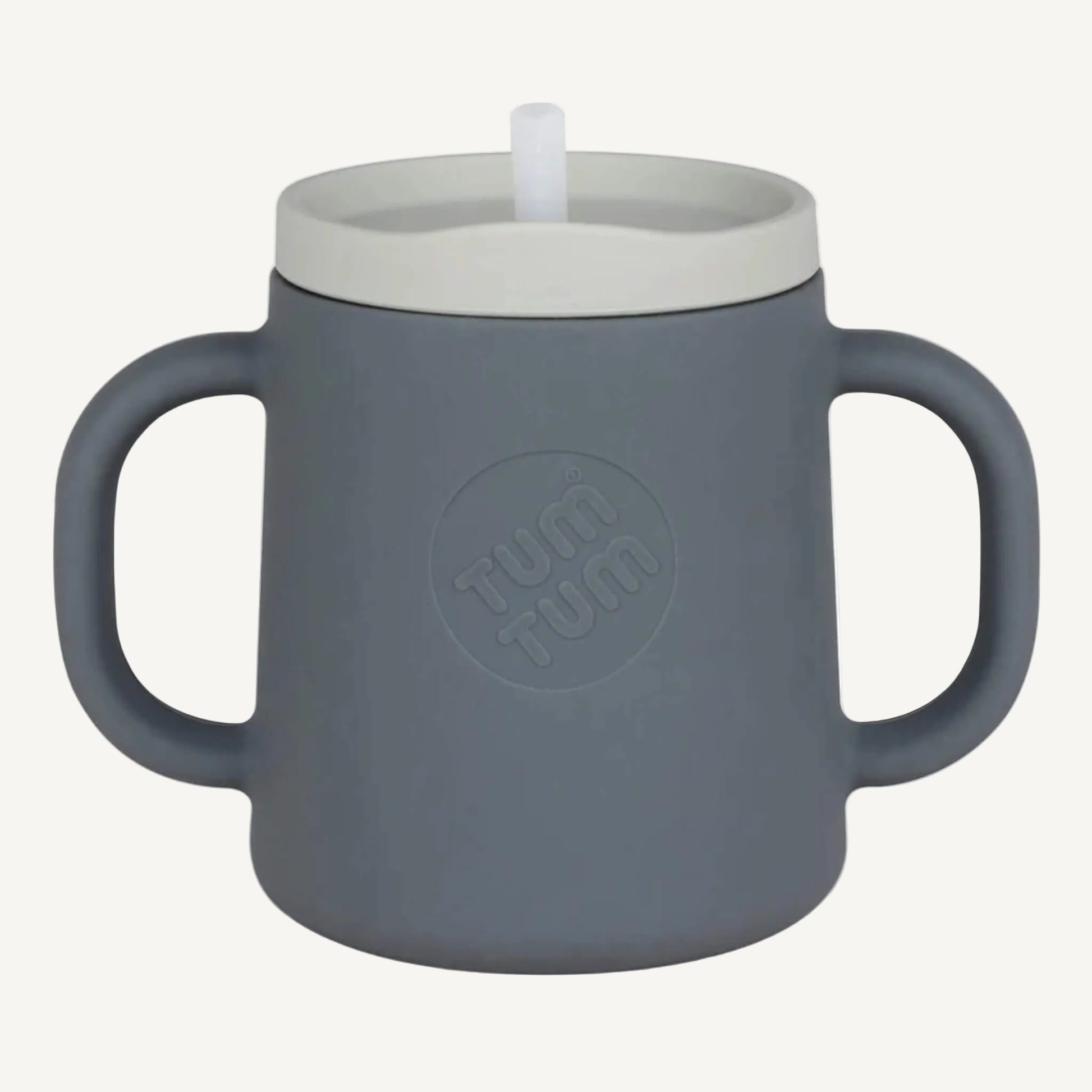 A grey silicone trainer cup with two handles and a straw lid, shown from the front to highlight the cup shape and grip.