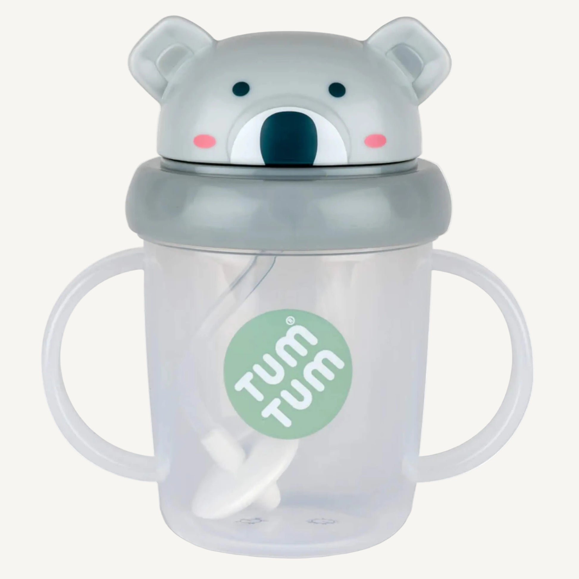 A clear sippy cup with two side handles, a weighted straw inside, and a grey koala-shaped lid fitted on top.