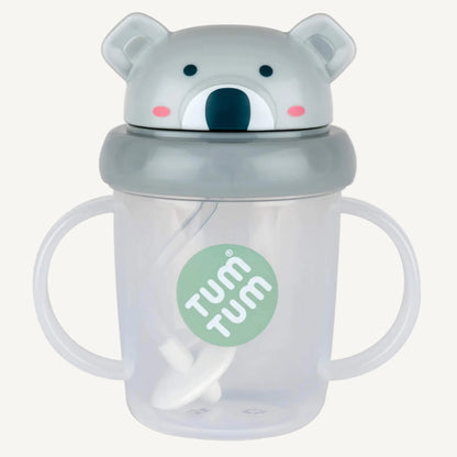 A clear sippy cup with two side handles, a weighted straw inside, and a grey koala-shaped lid fitted on top.