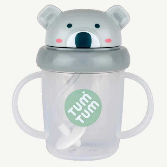 A clear sippy cup with two side handles, a weighted straw inside, and a grey koala-shaped lid fitted on top.