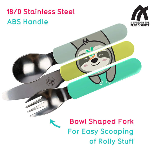 Children's cutlery Set with a spoon, knife, and bowl-shaped fork featuring Stanley Sloth handles and stainless steel, plus a travel case.