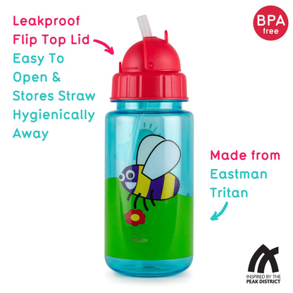 Toddler water bottle with bugs design, BPA-free, made from Eastman Tritan, featuring a leakproof flip top lid and built-in straw.
