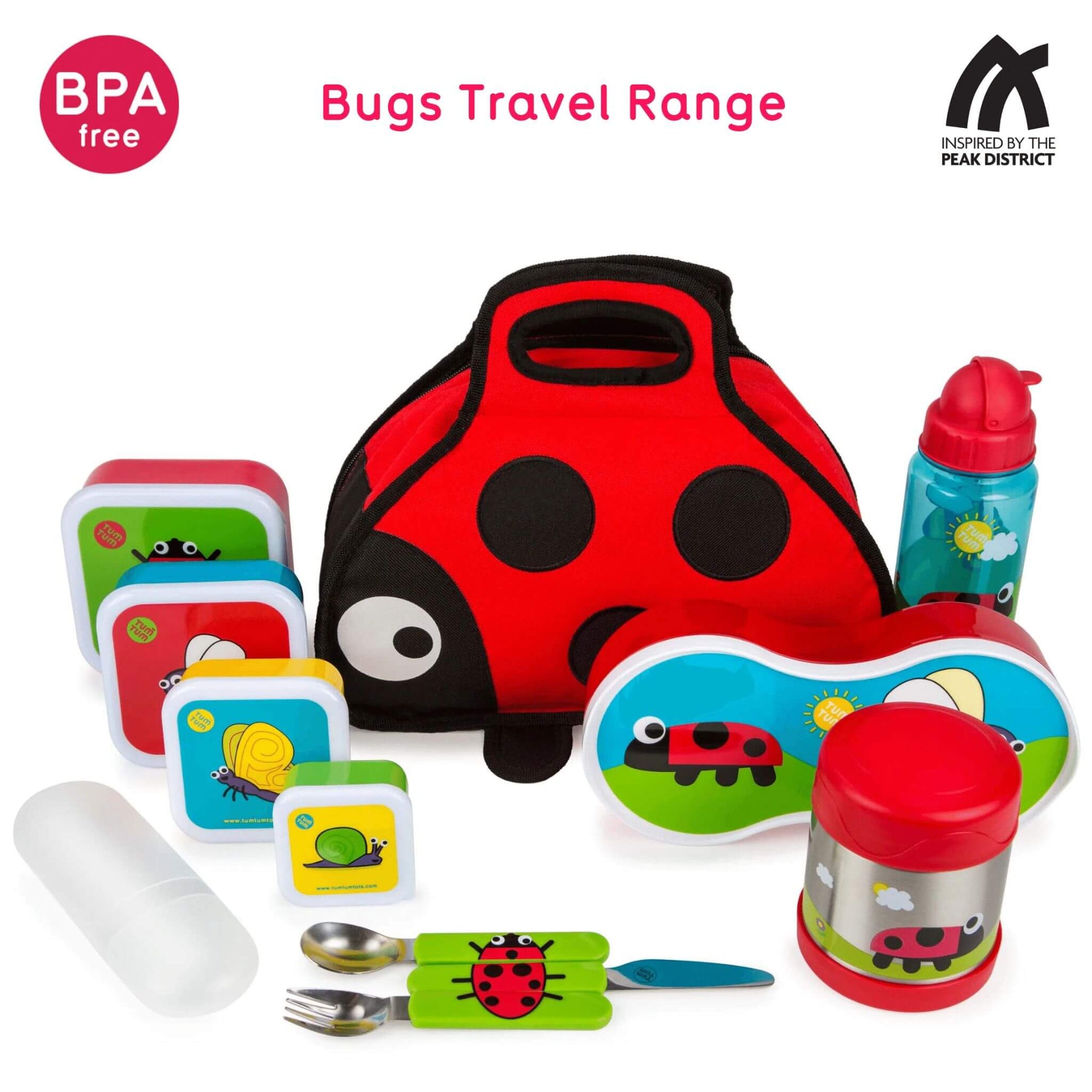 A travel range of kids bugs characters lunch accessories  featuring BPA-free water bottle, snack pots, cutlery, and lunch bag with ladybird design.