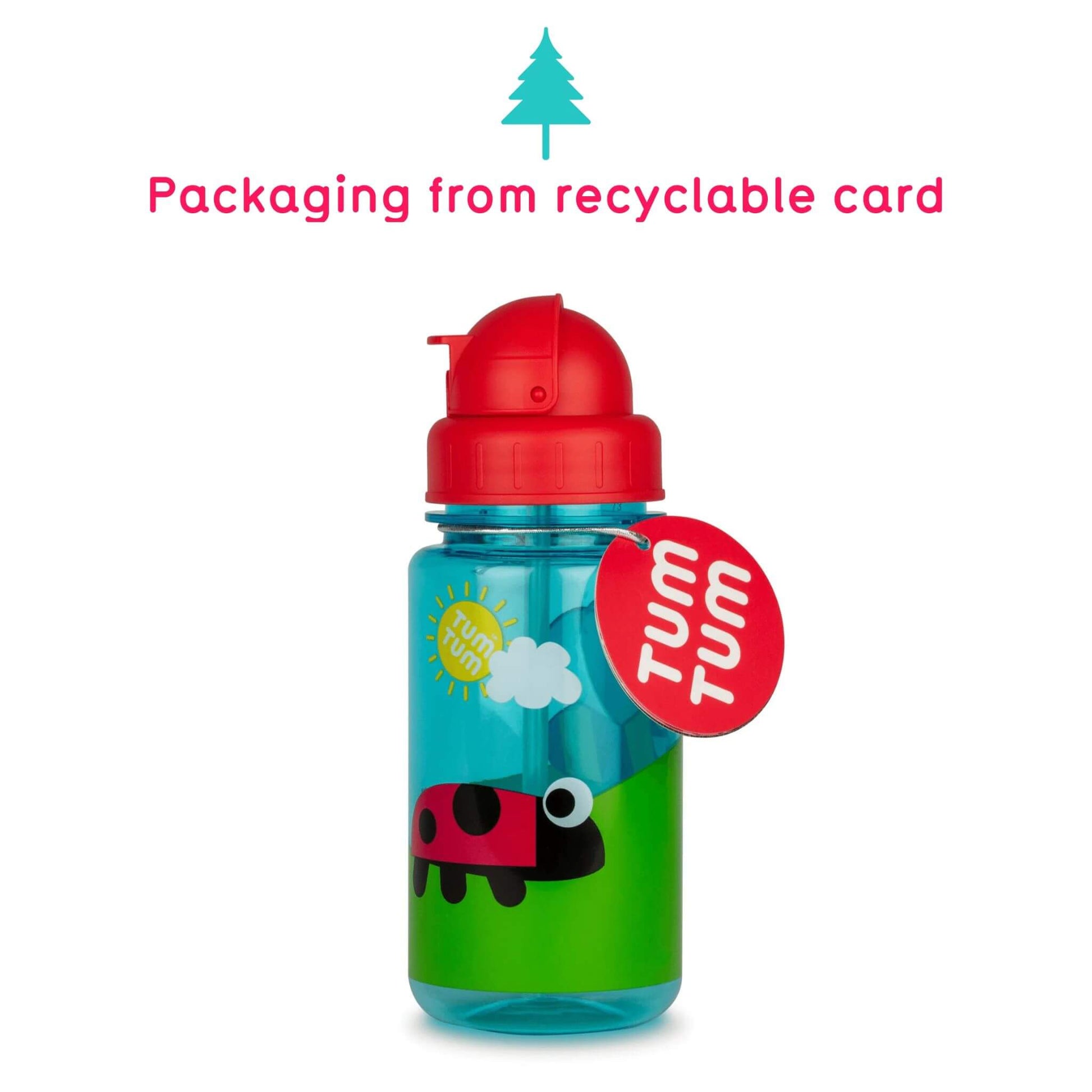 Child's water bottle with bugs design. Packaging made from recyclable card.