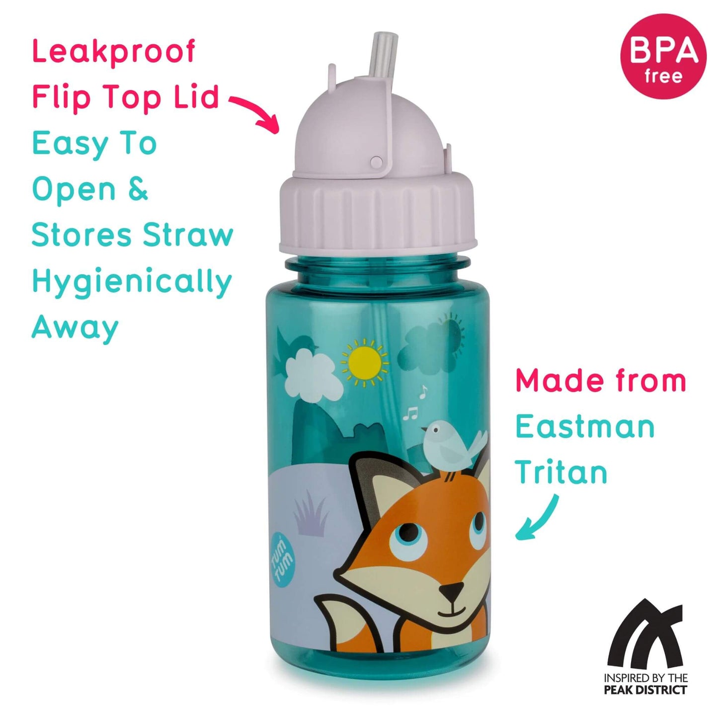 A kid's water bottle with Felicity Fox design, BPA-free, made from Eastman Tritan, featuring a leakproof flip top lid and built-in straw