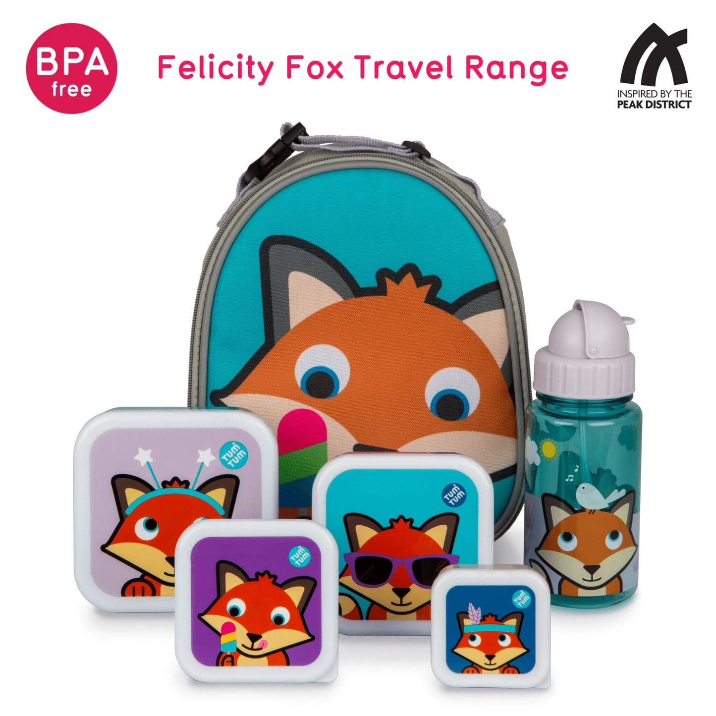Character Felicity Fox children's accessories lunch travel range featuring BPA-free water bottle, snack pots, cutlery, and lunch bag with ladybird design, perfect for kids.