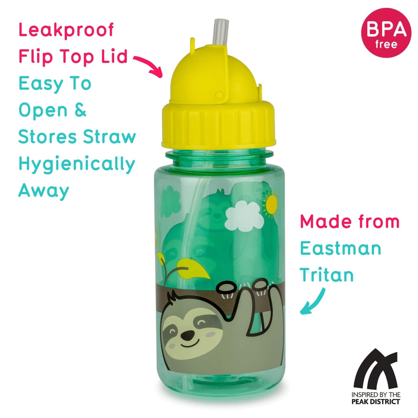 Children's water bottle with Stanley Sloth character design, BPA-free, made from Eastman Tritan, featuring a leakproof flip top lid and built-in straw