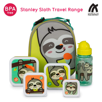 Lunch accessories travel range featuring BPA-free water bottle, snack pots, cutlery, and lunch bag with Stanley Sloth character design, perfect for kids.