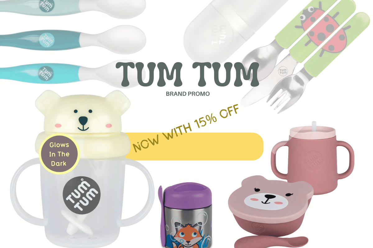 Tum Tum feeding essentials promotion banner featuring colourful children’s spoons, glow in the dark handled training cup, insulated food flask, cutlery set, handled snack cup and bear bowl with 15% off offer.