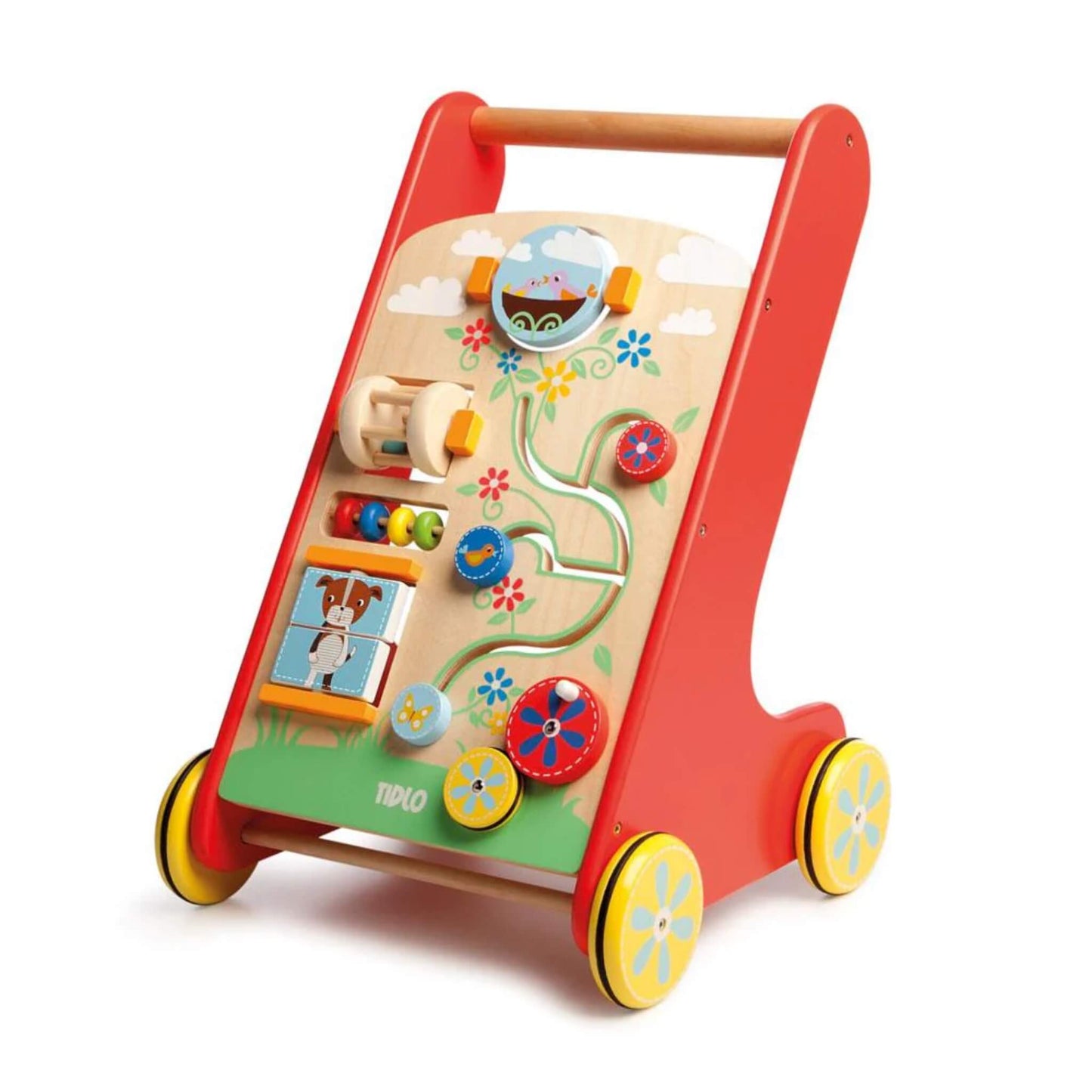 The Tidlo Activity Walker shown upright, featuring a wooden panel with colourful gears, beads, spinners and a friendly dog illustration, all mounted on a sturdy red frame with yellow flower wheels.