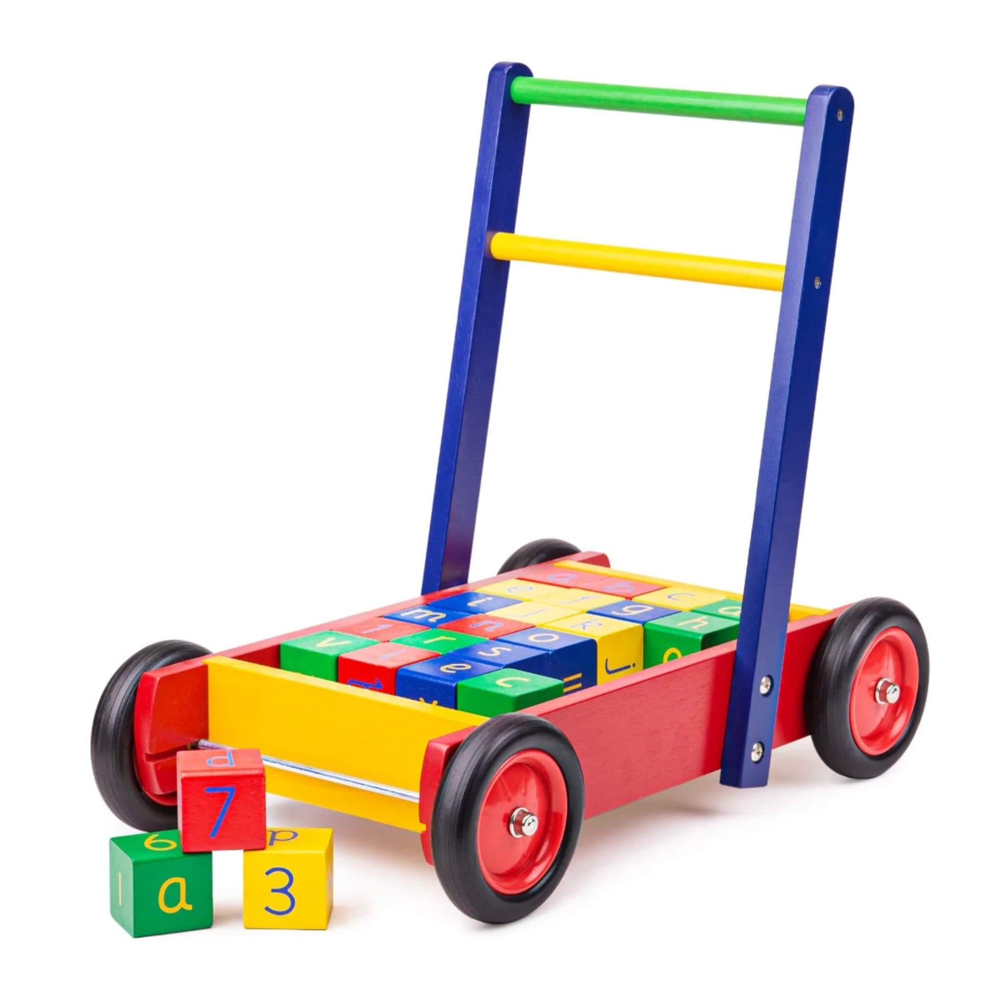 The Tidlo Baby Walker with ABC Blocks featuring a sturdy wooden frame in bright primary colours, filled with 24 colourful letter and number blocks.