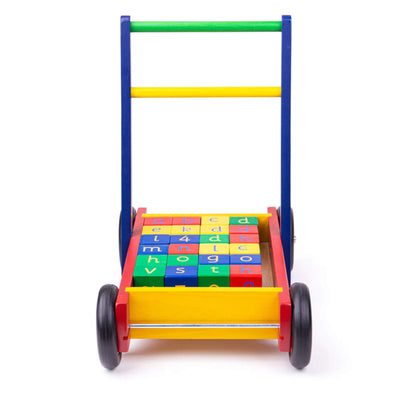 Front view of the walker filled neatly with colour-coded alphabet blocks arranged in rows.