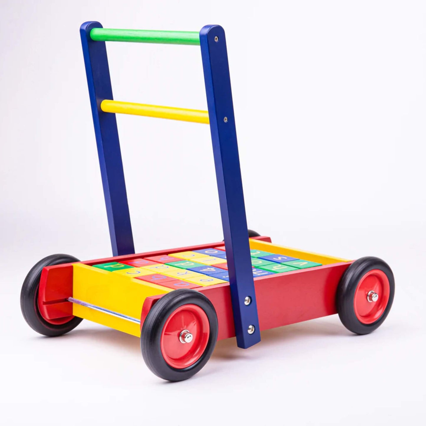 Angled rear view of the walker showing the full tray filled with neatly packed alphabet and number blocks.
