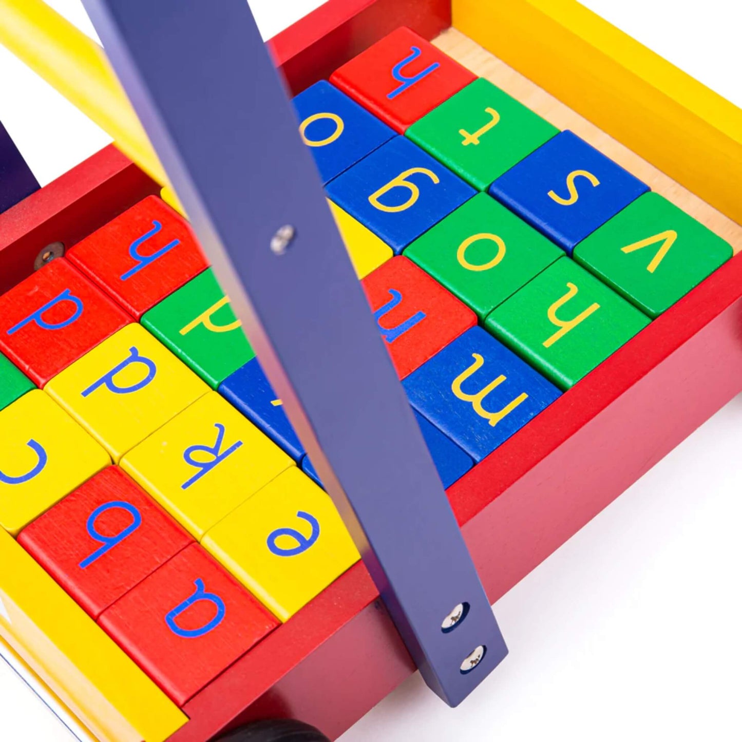Overhead view of the walker showing the full grid of colourful letter blocks beneath the yellow and green handle bars.