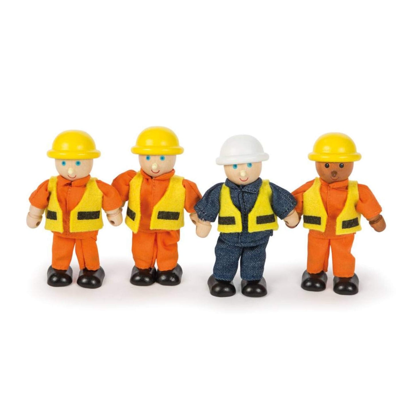 Tidlo Builders Set featuring four wooden construction figures in orange and blue workwear with high-vis jackets and safety helmets.