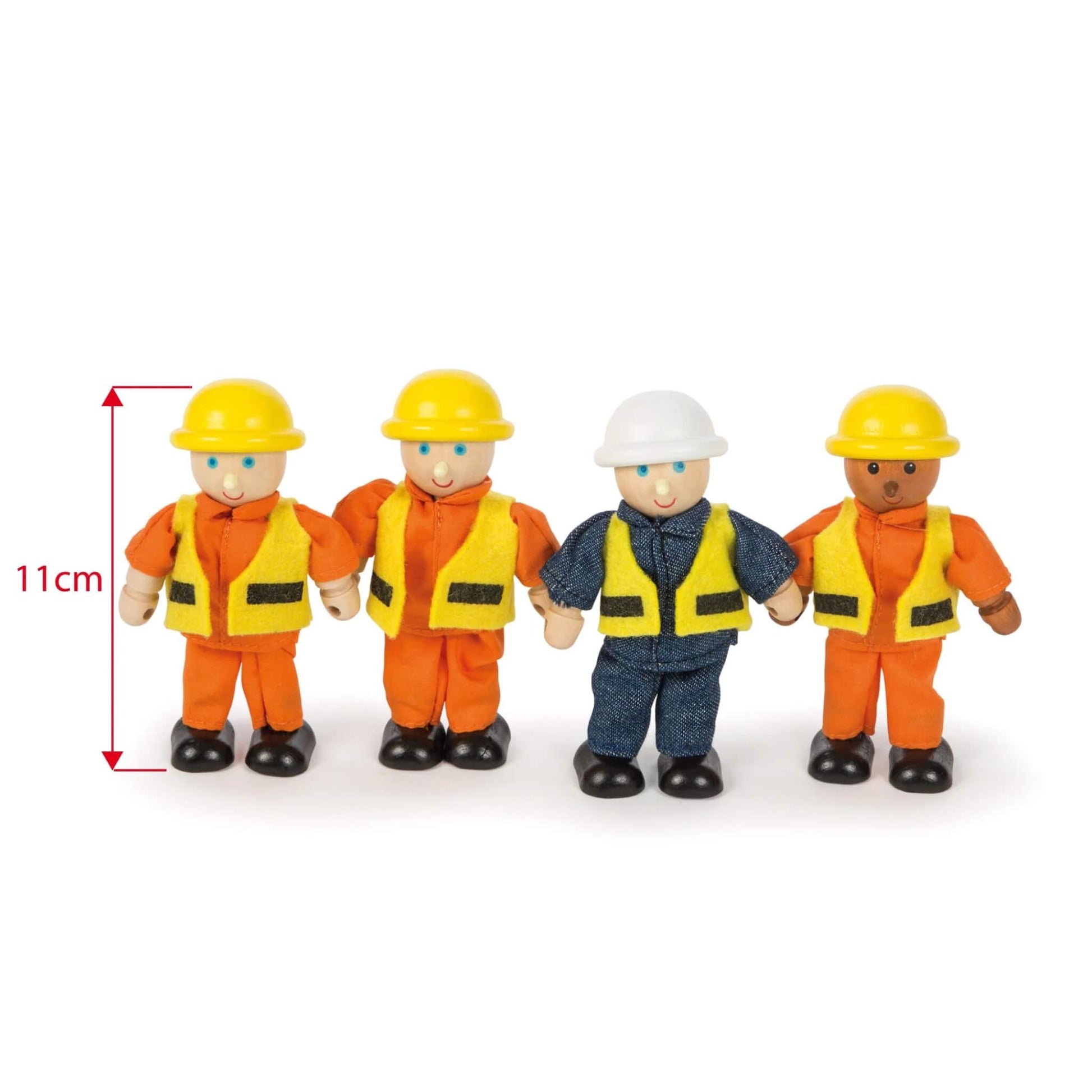 Close-up of the four wooden construction workers with a red measurement arrow showing their height as 11cm tall.