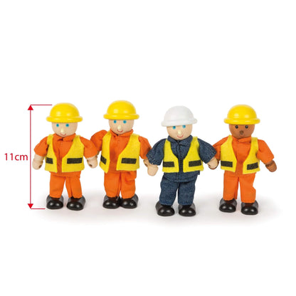 Close-up of the four wooden construction workers with a red measurement arrow showing their height as 11cm tall.