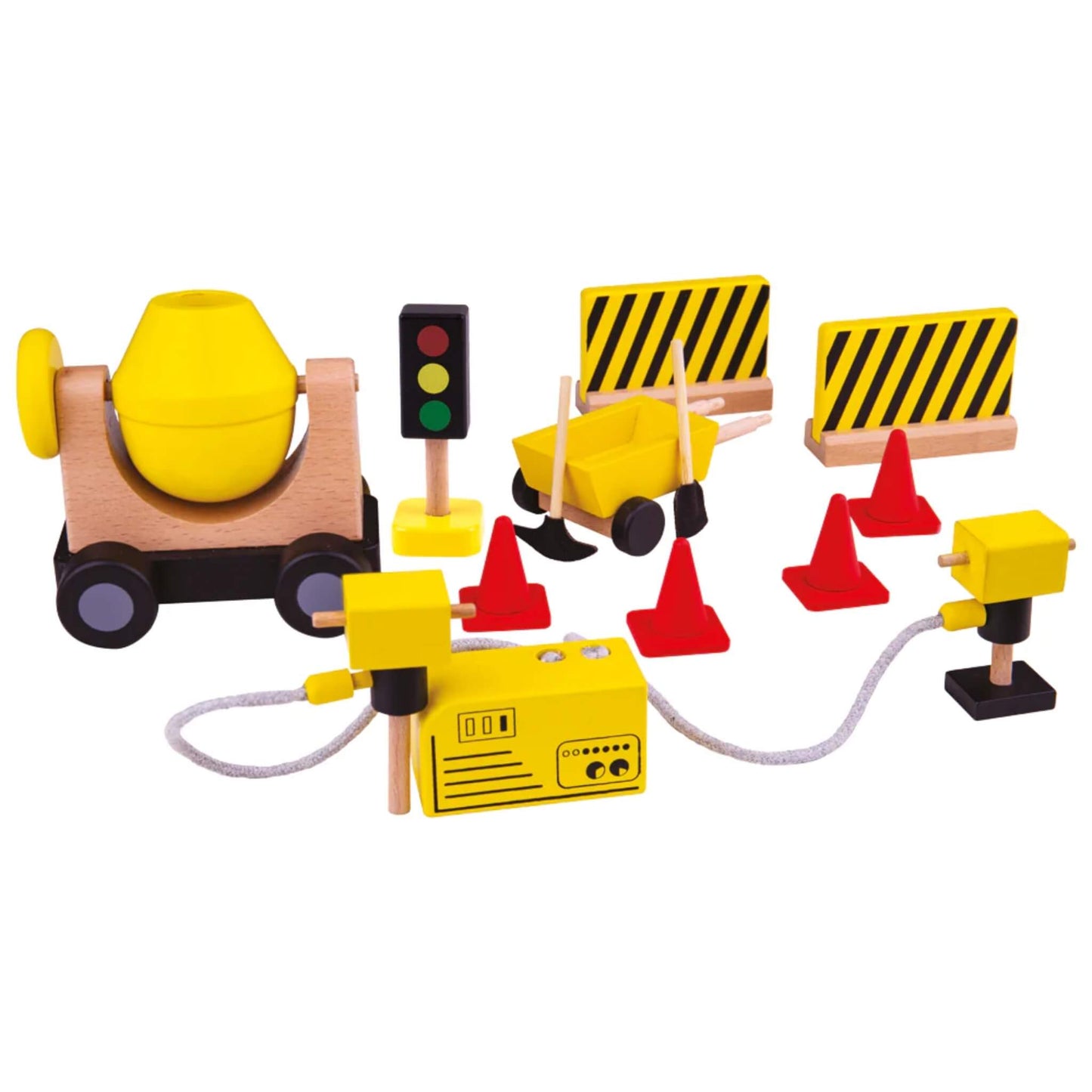 Tidlo Construction Equipment Set shown fully unpacked with a wooden cement mixer, generator, traffic cones, tools, barriers, and signal light.