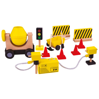 Tidlo Construction Equipment Set shown fully unpacked with a wooden cement mixer, generator, traffic cones, tools, barriers, and signal light.