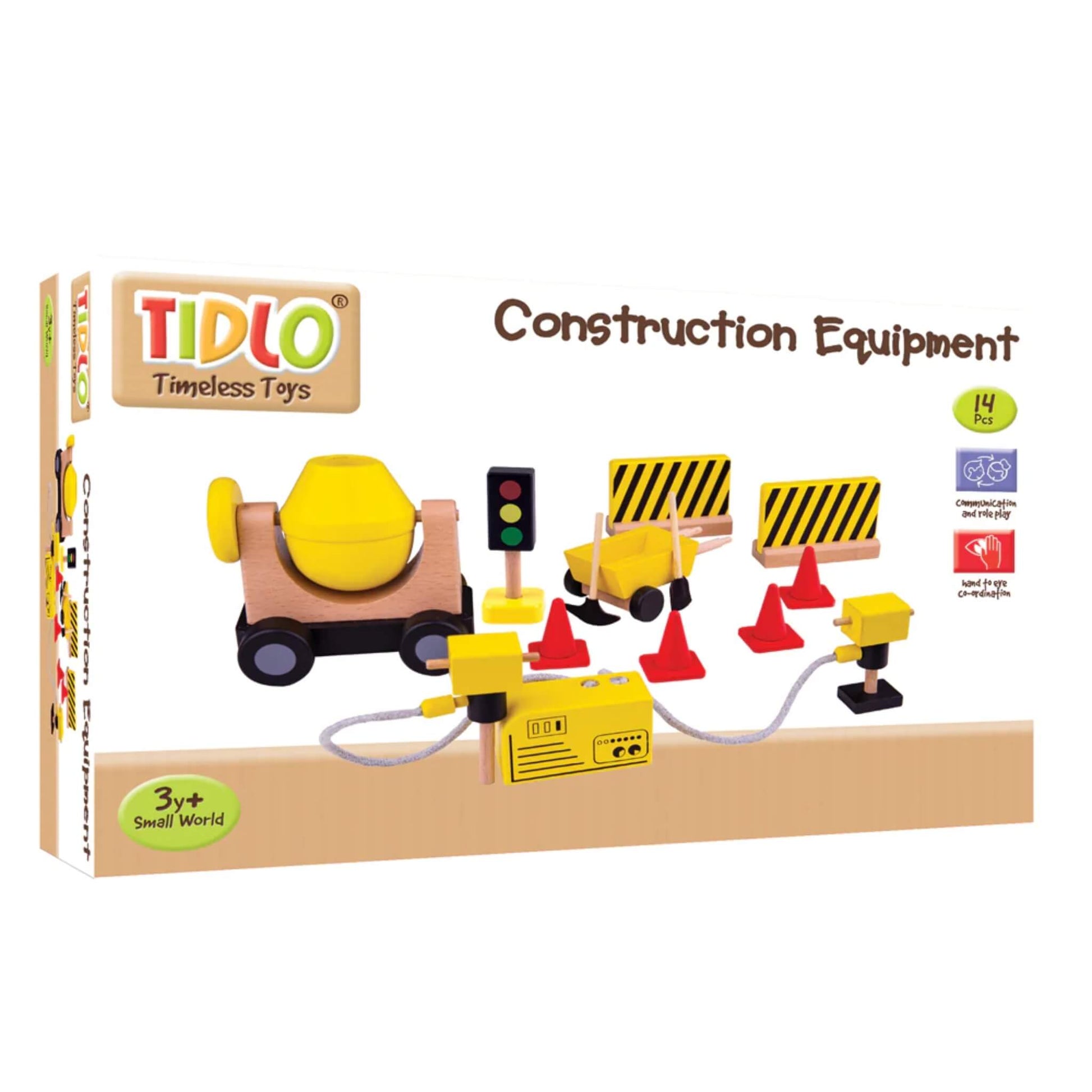 Retail packaging for the Tidlo Construction Equipment Set, showing all 14 included pieces and the recommended age of 3+.