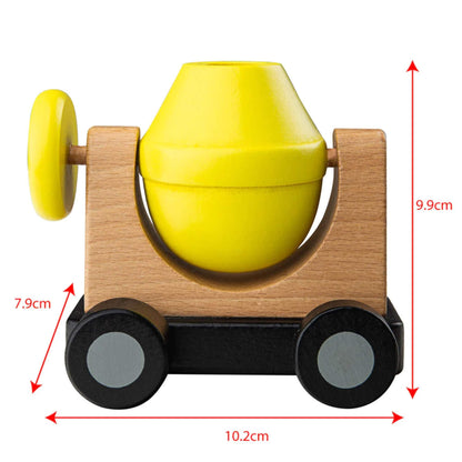 Close-up of the wooden cement mixer showing size dimensions—10.2cm wide, 7.9cm deep and 9.9cm tall.