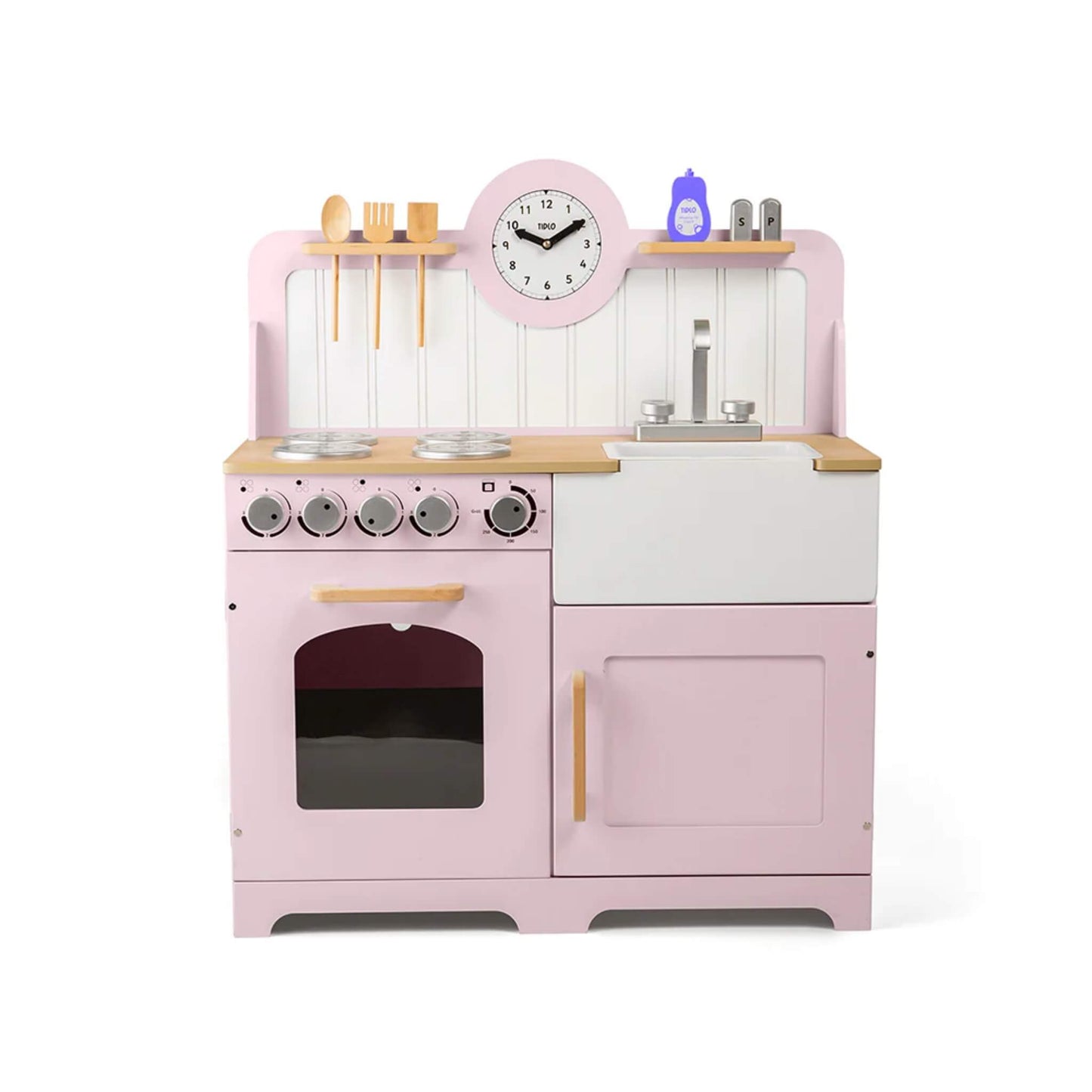 Straight-on view of the pink play kitchen showing the four burners, oven, tall sink, utensil rack and clock with moveable hands.