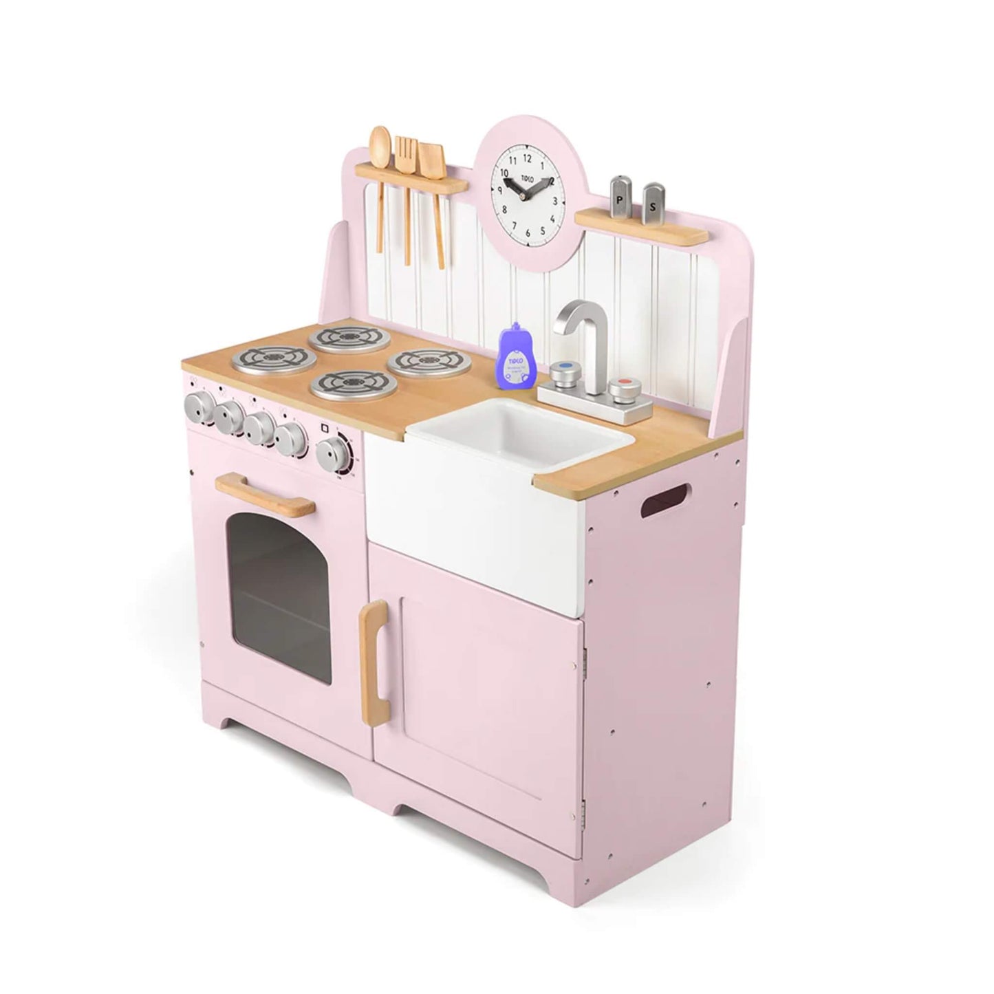 Angled view of the pink Tidlo kitchen showing side carry handles, hob detail and compact layout.
