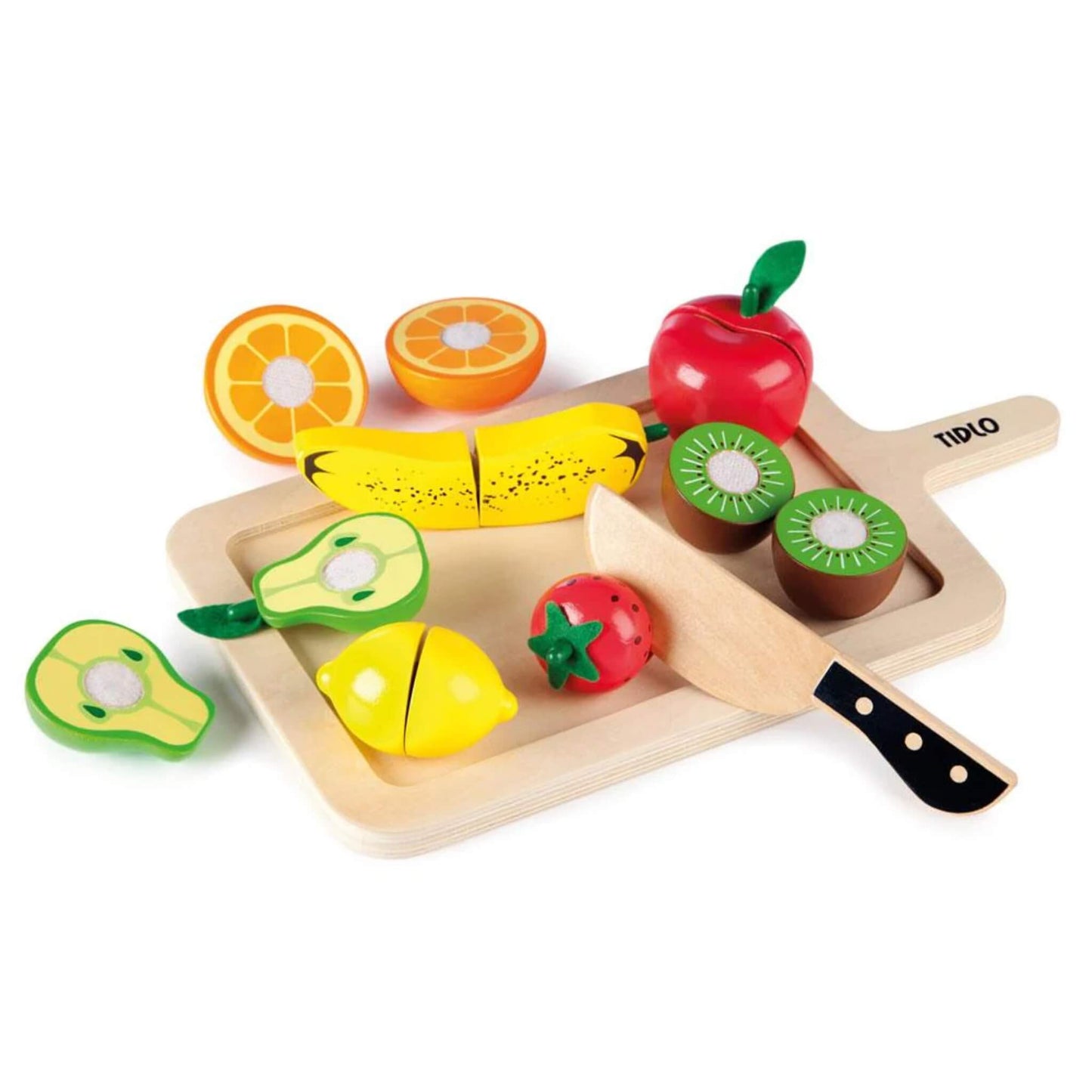 Tidlo Cutting Fruits Set with colourful wooden fruits, tray, and wooden knife—designed for slicing and rejoining with hook-and-loop fastenings.