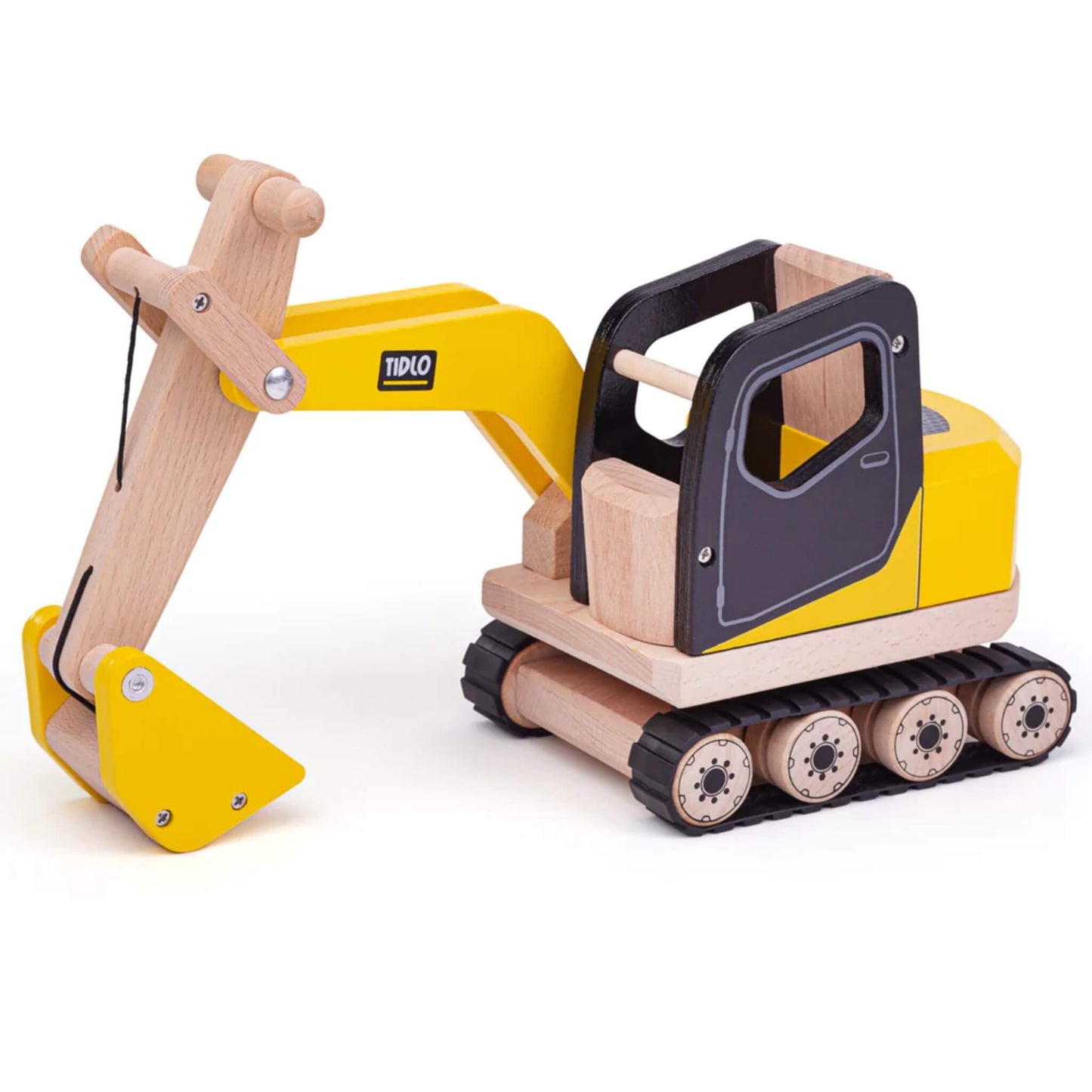 Tidlo Digger Toy with wooden body, working scoop, rotating cab and caterpillar tracks—ideal for imaginative construction play.