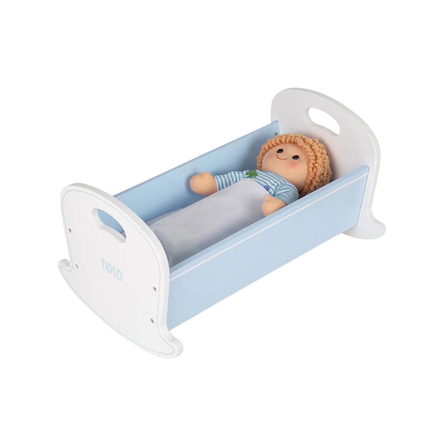 Tidlo Doll's Cradle in soft blue and white, shown with a fabric doll tucked in under a white blanket.