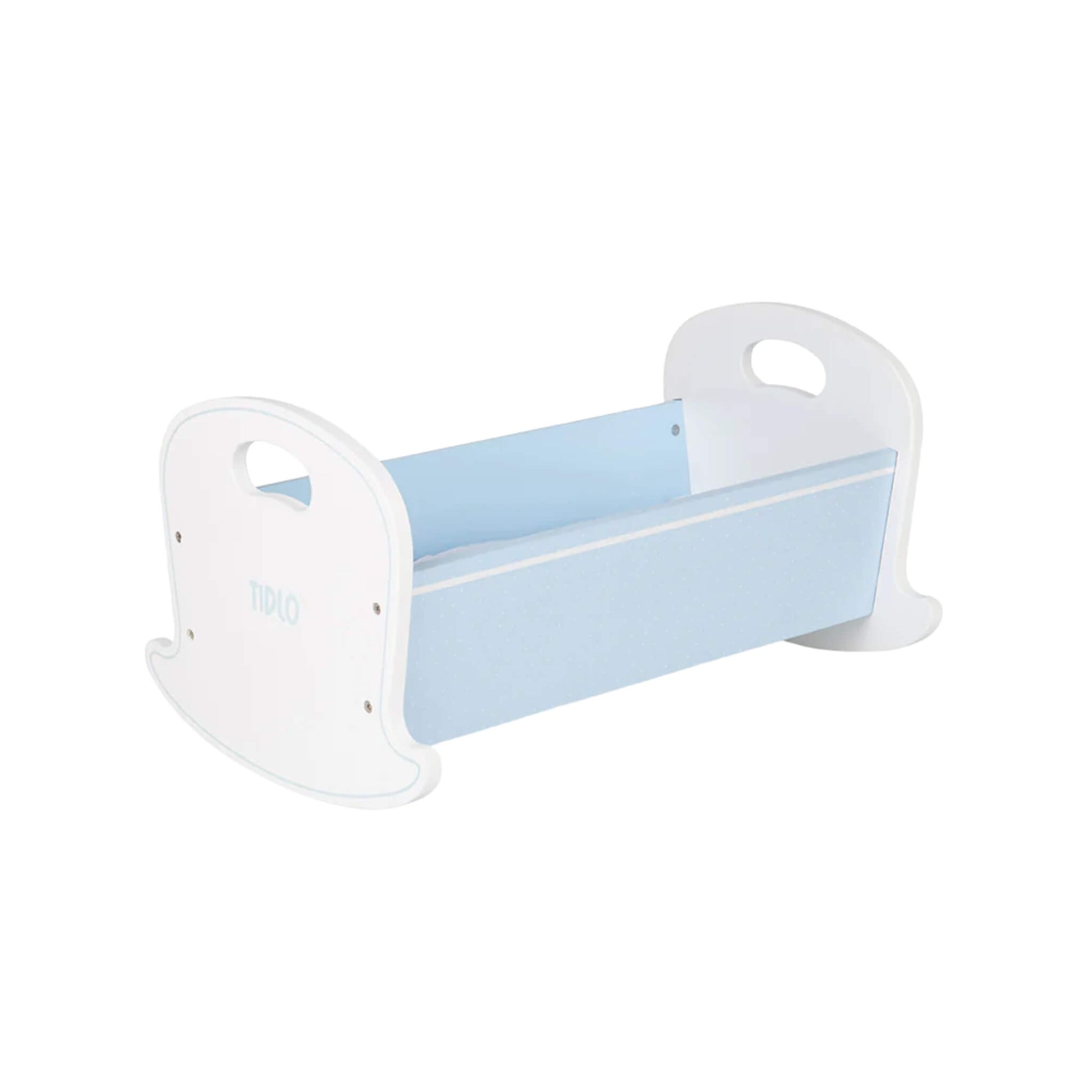 Side view of the Tidlo wooden doll’s cradle in light blue, with white curved ends and carry handles.