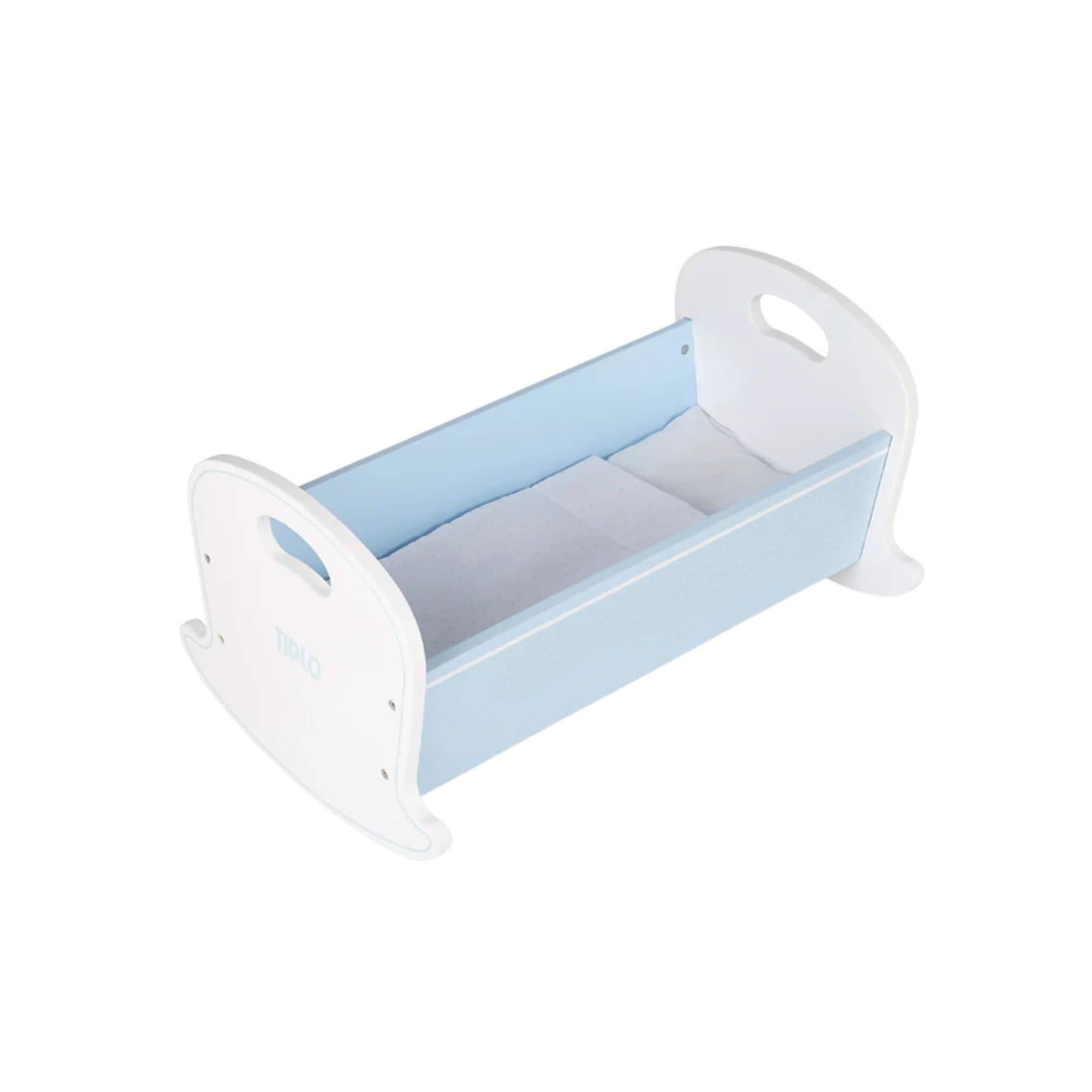 Angled top-down view of the empty doll’s cradle, showing included bedding and smooth wooden finish.