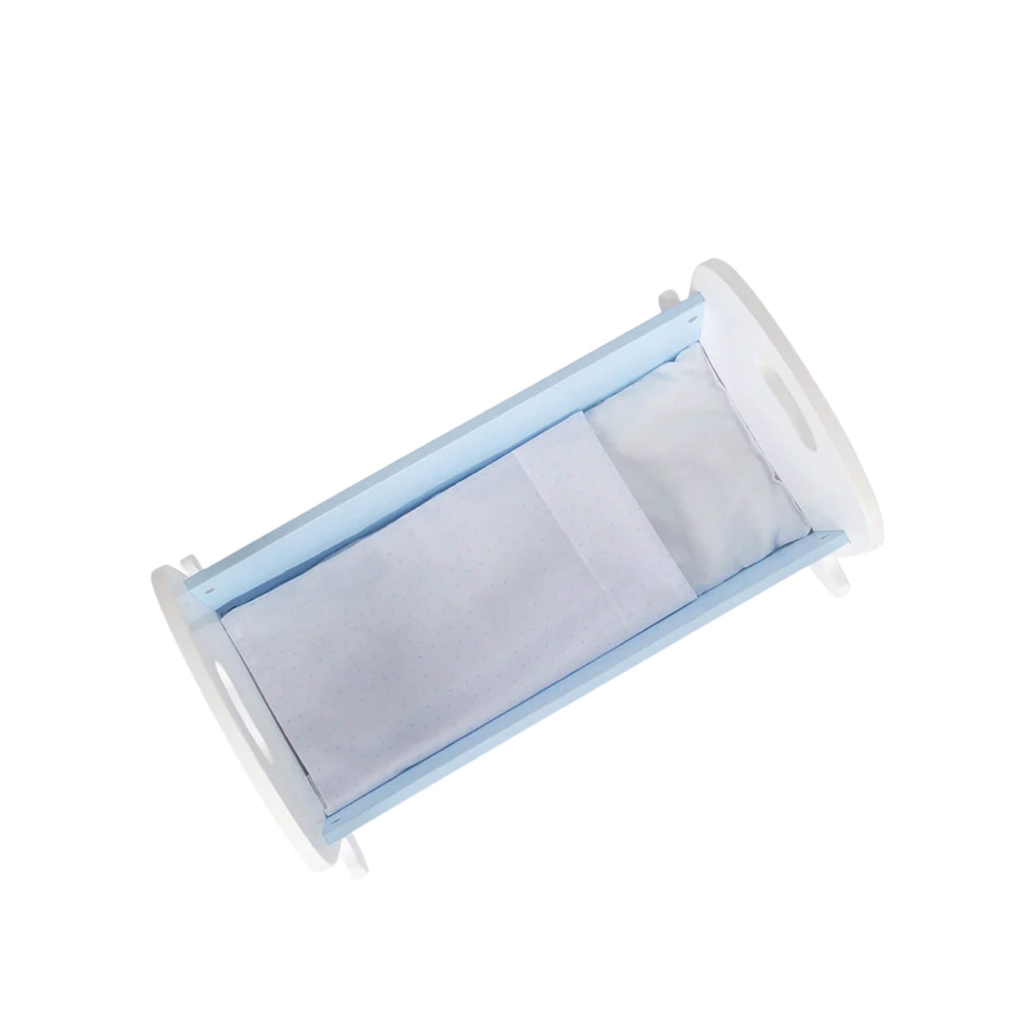 Top view of the Tidlo doll’s cradle with mattress, pillow and blanket neatly laid out inside.