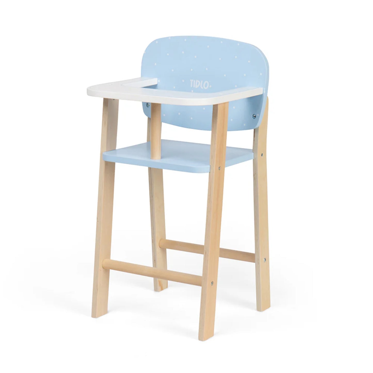 Tidlo Doll’s Highchair in pale blue and white with wooden legs—classic wooden role play chair for feeding soft dolls.