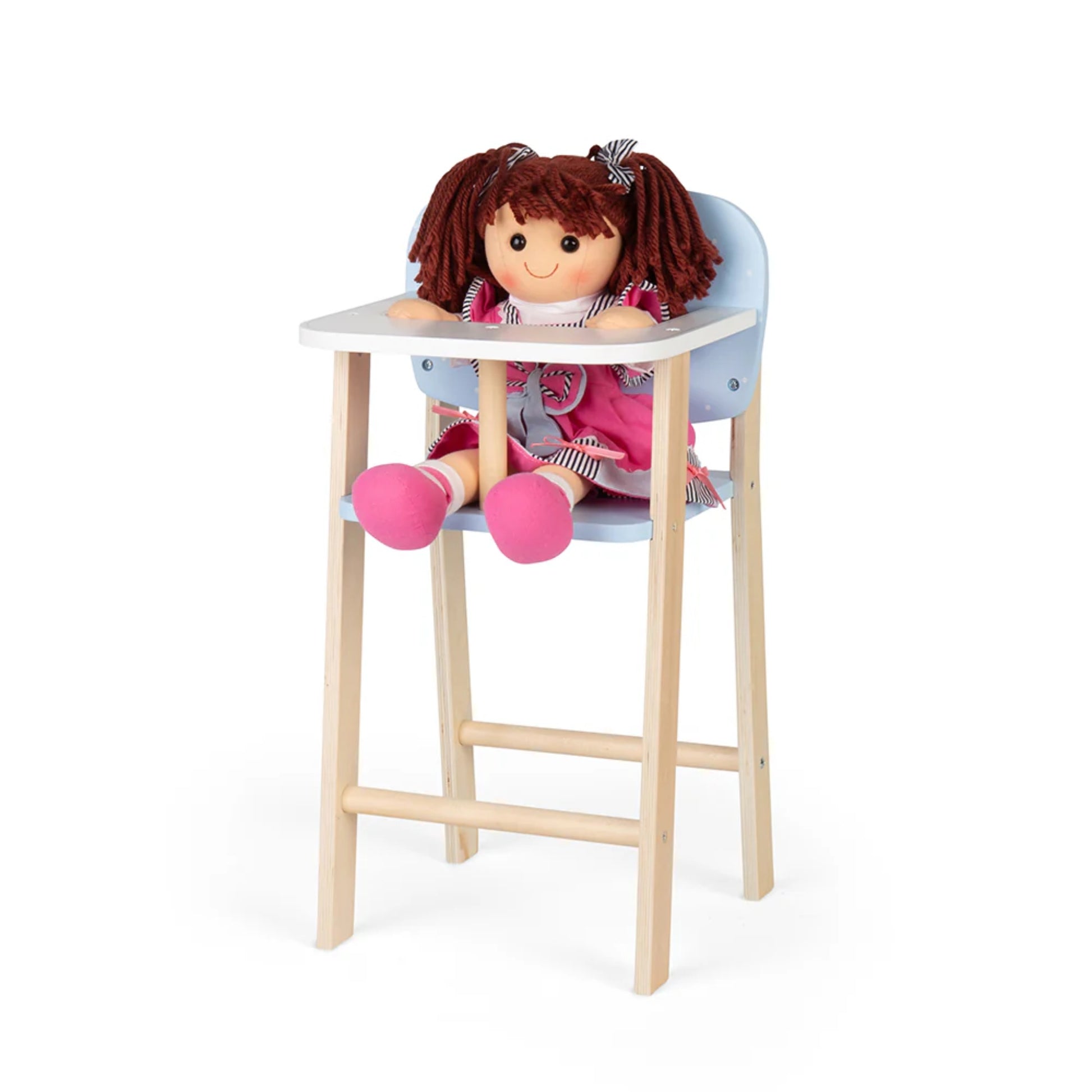 Soft rag doll sitting upright in the Tidlo Doll’s Highchair, ready for a make-believe mealtime