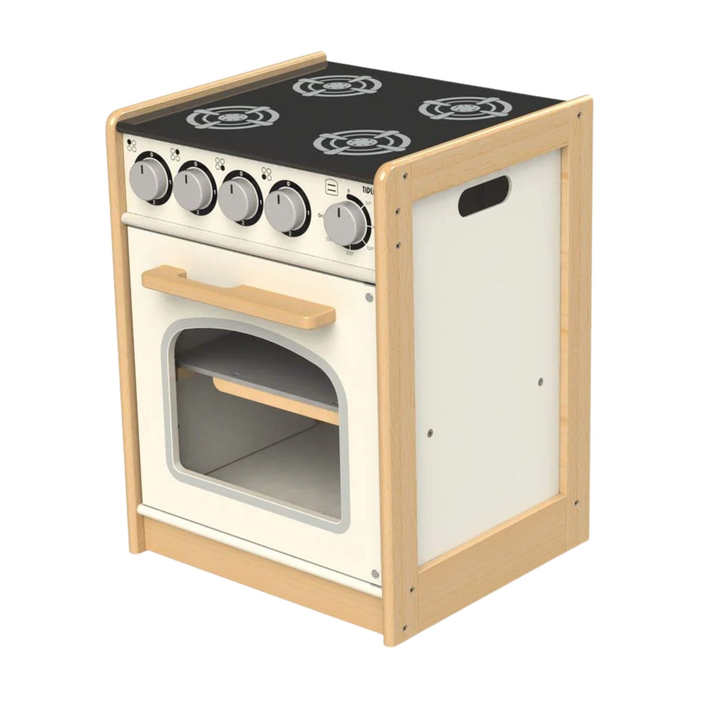 Tidlo Education cooker with clicking hob dials, oven window and side carry handle shown in angled view.