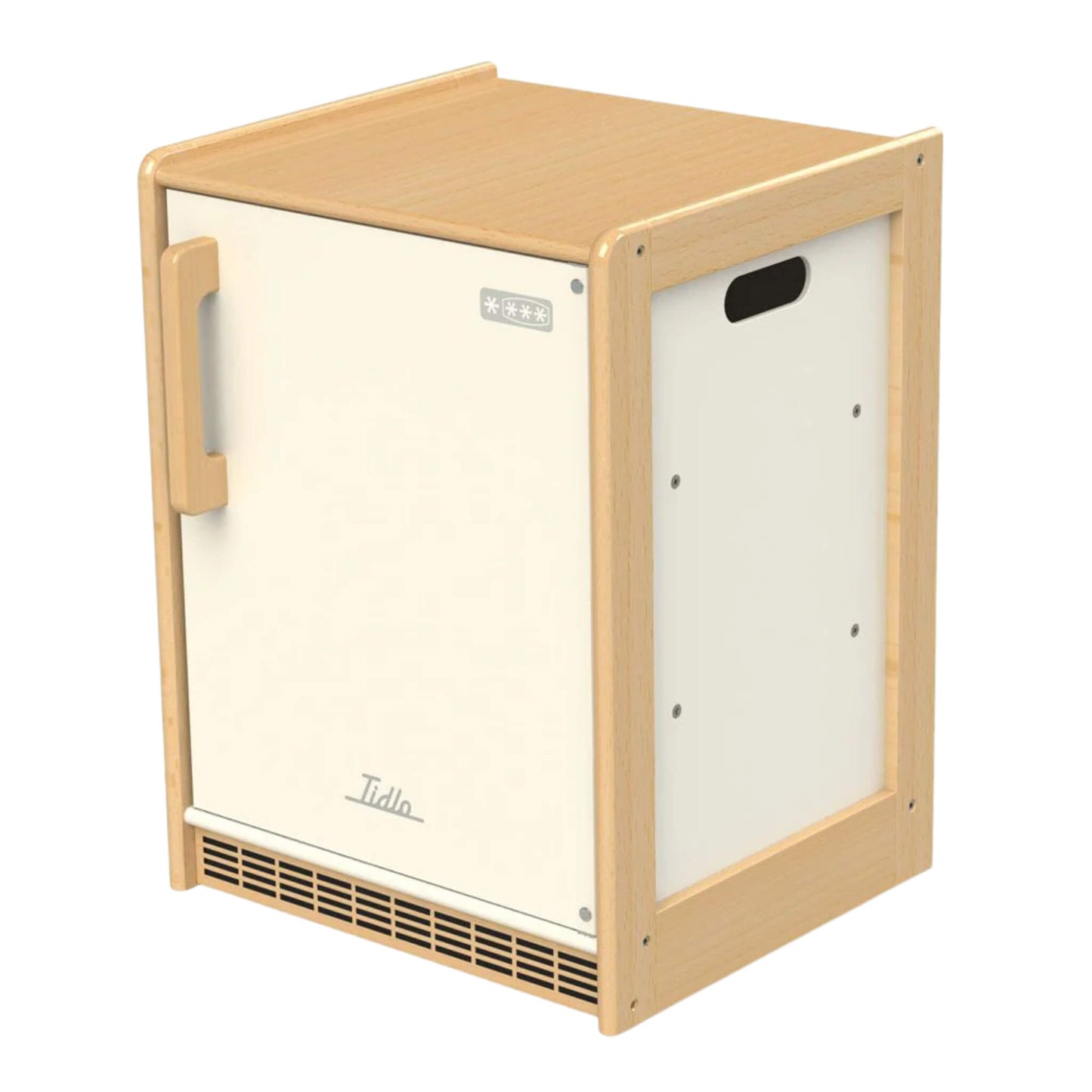 Tidlo Education Wooden toy fridge in white and natural wood tones, shown closed with front handle, side carry hole and realistic lower vent detail.