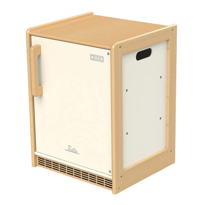 Tidlo Education Wooden toy fridge in white and natural wood tones, shown closed with front handle, side carry hole and realistic lower vent detail.
