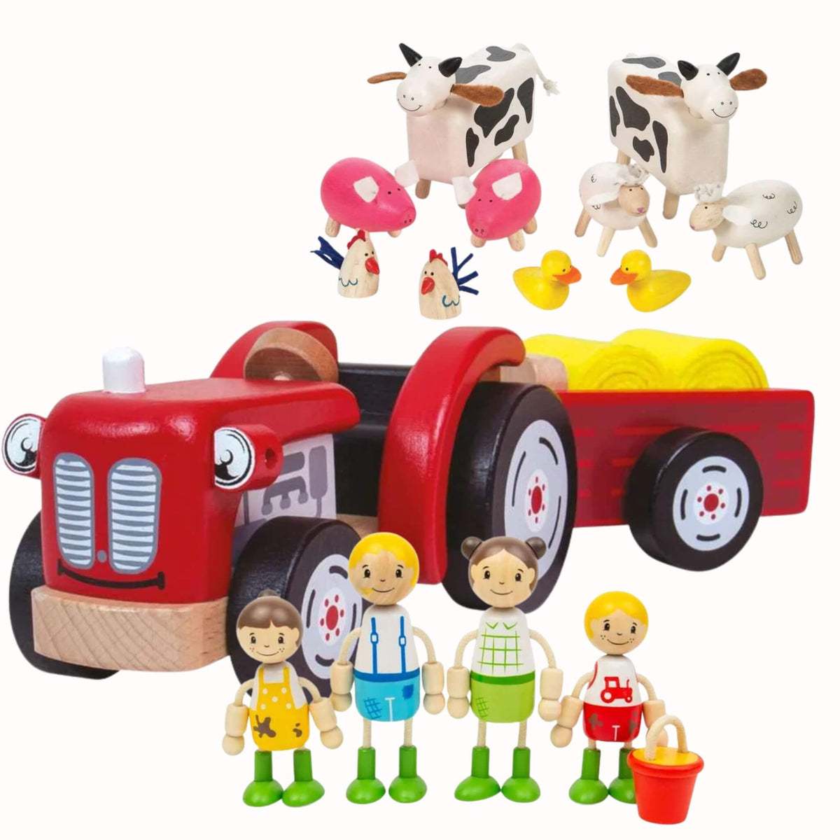 A wooden farm toy set on a white background, featuring a red tractor with a red trailer carrying yellow rolls, several cow and sheep figures, a chicken and mushroom figure, four small farmer toy figures, and yellow ducks.
