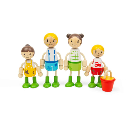 Tidlo Farmer Family Dolls wooden playset with four articulated farm family figures and a red bucket accessory.